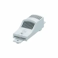 DIN rail-mountable humidity sensor with plastic housing and analog display. Measures relative humidity from 0 to 100% with accuracy of 4 and provides a 4 to 20mA temperature signal output with ±1K accuracy. Operating temperature range -40°C to 60°C. Suitable for HVAC, clean rooms, and process control panels requiring analog signal integration
