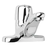 Centerset faucet with cast brass construction and polished chrome finish. Low arc design with push-button metering for timed water flow. Includes mounting hardware. Suitable for commercial restrooms requiring water conservation