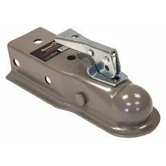 This straight-tongue coupler connects a trailer tongue to a tow vehicle's hitch ball. Made of steel with a primer finish, it is rated for a gross towing weight capacity of 3,500 lb. Suitable for towing trailers in material handling and general utility applications.