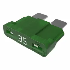 Fast-acting fuse rated 35 A at 32 V DC for overcurrent protection in low-voltage DC circuits. Features an indicating function for visual identification of a blown fuse. Suitable for automotive and industrial applications requiring a 35 A, 32 V DC rating.