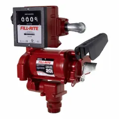 This bung-mount AC-powered fuel transfer pump operates on 115 V AC with a 33/100 hp motor and delivers a maximum flow rate of 20 gpm. It includes a meter that measures in gallons. Nozzle and discharge hose are not included. Suitable for transferring diesel, gasoline, and other non-flammable fluids from drums or tanks in fleet maintenance, agricultural refueling, and industrial fluid handling.