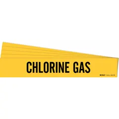 Adhesive pipe marker with yellow background and black legend reading 'Chlorine Gas'. Designed for pipe outer diameters of 8 inches and larger. Pack of 5 markers without directional arrows. Used to identify piping carrying chlorine gas in industrial facilities.