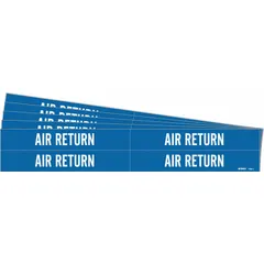 Blue adhesive pipe markers with white 'Air Return' legend, designed for pipe outer diameters from 3/4 to 2-3/8 inches. Each pack contains 4 markers without arrows, supplied in a 5-pack configuration. Used for identifying air return lines in HVAC and industrial piping systems.