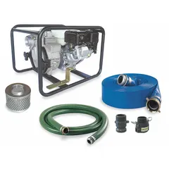 This centrifugal trash pump kit is designed for emergency-response dewatering and transfer of water containing small solids. It features a cast-iron volute, 2 in inlet and outlet, and delivers 157 gpm at 20 ft of head. The kit includes a 2 in male cam adapter and is recoil-start.