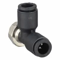 Nylon and nickel-plated brass push-fit tee fitting for 6 mm OD tube and 1/8 in pipe connections. Overall length 32 mm. Black, 10-pack. Used to create branch connections in pneumatic or fluid systems