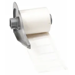 P-shaped wraparound label for wire and cable identification. Measures 1 3/16 in x 25/32 in, white matte polypropylene. Compatible with M710 printer series; requires M7-R4300 ribbon.