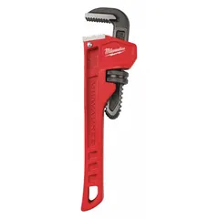 This straight pipe wrench has an 8-inch overall length and a 1-inch jaw capacity. The serrated jaws provide a secure grip on pipes and round objects. Its ergonomic design and cast iron construction suit plumbing and mechanical tasks.