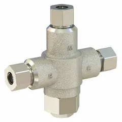 Thermostatic mixing valve with 3/8 in outlet connection size. Blends hot and cold water to a consistent temperature for point-of-use applications such as sinks or showers. Includes integral check valves to prevent backflow.