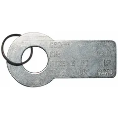 This steel identification tag is designed for use with chain slings. It features a silver finish, a 99/100-inch inside diameter, and overall dimensions of 2 3/8 inches in length and 1 1/4 inches in width. Used to label and track sling assemblies in industrial lifting applications.