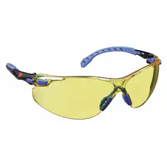 Frameless safety glasses with amber lenses and Scotchgard™ Advanced Anti-Fog coating. Black/blue frame with padded comfort-fit design. Suitable for eye protection in industrial environments where impact hazards and fogging are concerns.