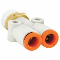 This SMC wye fitting is made of polybutylene and brass with a white finish. It connects 5/32 in OD tubing on two branches and 1/8 in pipe on the third, enabling three-way flow distribution in pneumatic systems. The push-to-connect design allows tool-free installation