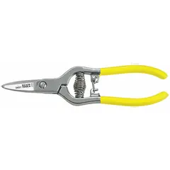 Spring-assisted shears with 5-inch overall length. Serrated, pointed steel blades for cutting cordage. Yellow handle. Ambidextrous design suitable for general cutting tasks in industrial and maintenance settings.