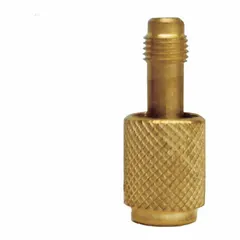 Straight-thru quick coupler for refrigeration access valves. Connects a 1/4 in Female SAE Right-Hand access port to a 1/4 in SAE Male Right-Hand line. Direct-flow design without internal shut-off, used for charging, evacuation, or pressure testing.
