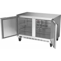 This BEVERAGE-AIR undercounter refrigerator offers 11.8 cu ft of storage with two doors and electronic controls. It measures 34 5/8 inches high by 32 inches deep and is Energy Star compliant. Suitable for commercial kitchens, bars, and cafés where compact refrigeration is needed