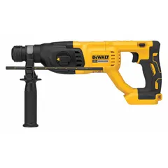 This DEWALT cordless rotary hammer operates on a 20V DC battery platform and delivers 0 to 5,500 bpm impact rate with 1.9 ft-lb of impact energy. It features an SDS-Plus chuck with 1/2 in max drilling capacity and a D-handle design for improved control during overhead or vertical drilling. Supplied as a bare tool (battery and charger sold separately), it is suitable for drilling into concrete, masonry, and stone in construction and renovation applications.