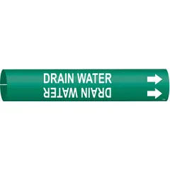 Green pipe marker with white legend reading 'Drain Water' and directional arrows. Fits pipe outer diameters from 1-1/2 to 2-3/8 inches. Supplied as a single snap-on marker for identifying drain water lines in piping systems.