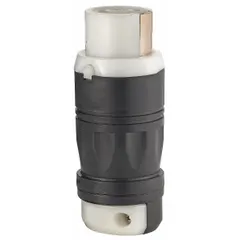 This LEVITON connector is a non-NEMA locking type rated for 250V AC and 50 A, with 3 poles and 4 wires. The housing is black and white. It is used for secure, high-current connections in power distribution for heavy machinery, generators, or temporary power setups.