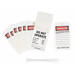 Polyester tag with 'Danger Do Not Operate' message. Includes a write-on surface for department, name, and remarks. Used in lockout/tagout procedures to warn against equipment operation during maintenance.