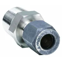 This PARKER Ferulok series compression fitting is a flareless bite-type stainless steel adapter with a 1/2-14 thread size. It is used to connect tubing to threaded ports in industrial fluid systems, providing a leak-resistant seal without flaring the tube