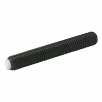 Steel set screw with black oxide finish and POM plastic tip. M4 thread, 10 mm length. Half dog point design for secure positioning. Used in precision assemblies where surface integrity is critical, preventing scratches or dents on mating surfaces