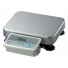The FG-60KBM is a shipping scale with a remote indicator, featuring a 150 lb capacity and 15-inch weighing surface depth. It displays weight in kg, lb, or oz on an LCD and includes an RS-232C interface for data communication. The platform is constructed of 430 stainless steel. Typical applications include weighing parcels and packages in logistics, warehousing, and shipping departments.
