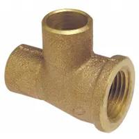 Cast bronze tee with Cup x FNPT x Cup configuration. Connects 3/4 in CTS copper tubing on the run ends and 1/2 in female NPT pipe thread on the branch. Used in plumbing and HVAC systems for distributing or redirecting flow in copper tube lines