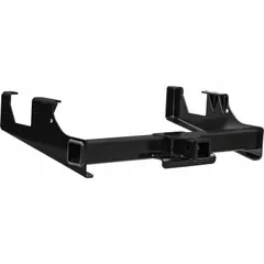 Class V hitch receiver for GM 3500 trucks. Made from powder-coated carbon steel. Supports 20,000 lb gross trailer weight and 20,000 lb tongue weight. Installs at the back of the vehicle; drilling required. Suitable for heavy-duty towing of large trailers and equipment.