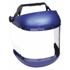 This face shield features a clear, anti-fog, reusable acetate visor measuring 19 1/2 inches wide by 6 1/2 inches high, with blue headgear and an integrated chin guard. Designed for general-purpose industrial use, it provides splash and impact protection for tasks such as machining, material handling, and maintenance.