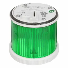 Steady light module for industrial tower light systems. Provides continuous green illumination for status indication. Operates at 120V AC with a green lens. Overall diameter 70 mm, height 3 1/8 in. Compatible with 200 Class series.