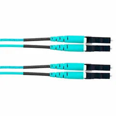 Multi-mode fiber optic patch cord with OM4 50/125µm fiber, duplex construction, and LC to LC connectors. A-B polarity. 1 meter length. Aqua jacket with OFNR riser fire rating. Suitable for high-speed data transmission in enterprise networks and data centers.