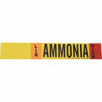 Ammonia adhesive pipe marker for high-pressure LIQ phase service. Fits pipe outer diameters from 2-1/2 to 7-7/8 inches. Supplied without directional arrows. Provides clear identification for industrial piping systems