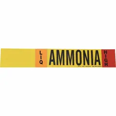 Ammonia adhesive pipe marker for high-pressure LIQ phase service. Fits pipe outer diameters from 2-1/2 to 7-7/8 inches. Supplied without directional arrows. Provides clear identification for industrial piping systems.
