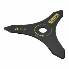 Steel brush cutter tri-blade designed for edging and trimming applications. Compatible with DEWALT models DCBC580, DCBC581, and DCBS681. Suitable for landscaping and grounds maintenance tasks requiring precise cutting along borders.