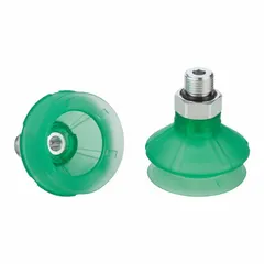 This bellows type vacuum pad assembly is suited for packaging industry applications, handling lightweight or irregularly shaped items such as cartons, bags, or plastic containers during pick-and-place operations. It features a G1/4 inch connection, 48 mm pad diameter, 37.2 mm pad height, and 1.5 folds. Constructed from Elastodur ED material in green with a hardness rating of 65 A.