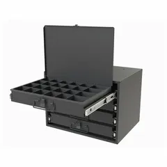 This small compartmented-box cabinet has four gray drawers with bearing slides and a pull handle. Each drawer contains 24 compartments, with inside dimensions of (20) 2 in x 2-3/16 in x 1-15/16 in and (4) 2 in x 2-3/16 in x 2-3/4 in. The cabinet is stackable and assembled. Use for organizing small parts, fasteners, or components in workshops and industrial settings.