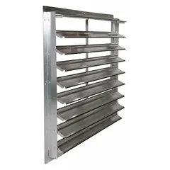 Wall-mount backdraft damper with single-panel flat-blade construction. Designed for horizontal airflow and vertical mounting. Measures 42 inches high, 42 inches wide, and 2.5 inches deep. Maximum air velocity 2500 fpm. Suitable for preventing reverse airflow in ventilation systems.