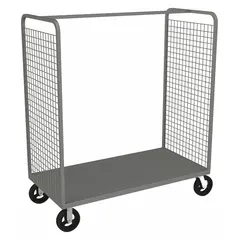 This dual-side-access stock cart features one fixed solid shelf with a rubber surface. It has a gray finish and is equipped with two swivel casters. Overall dimensions are 30 inches long, 60 inches wide, and 69 inches high. Suitable for transporting materials in warehouses and distribution centers.