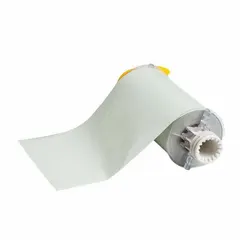 Continuous label roll made of polyester with a green gloss finish and glow-in-the-dark properties. Measures 7 inches by 33 feet, suitable for indoor and outdoor use. Compatible with PowerMark Industrial printers. Used for safety and identification marking in industrial environments where low-light visibility is required.