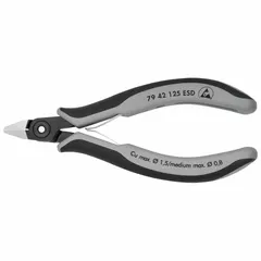 ESD-safe flush-cut pliers with pointed jaw, 5 in overall length, and 1/2 in jaw length. Designed for precision cutting of wires and component leads in electronics assembly and repair, providing clean, burr-free cuts in electrostatic discharge sensitive environments.