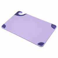 This SAN JAMAR cutting board is made of purple co-polymer material and measures 18 inches in overall length by 12 inches in overall width. It is NSF Certified for sanitation standards. The purple color is commonly used in HACCP-compliant kitchens to designate specific food preparation tasks, such as for allergens or cooked foods, to help prevent cross-contamination