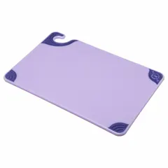 This SAN JAMAR cutting board is made of purple co-polymer material and measures 18 inches in overall length by 12 inches in overall width. It is NSF Certified for sanitation standards. The purple color is commonly used in HACCP-compliant kitchens to designate specific food preparation tasks, such as for allergens or cooked foods, to help prevent cross-contamination.