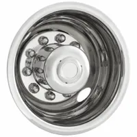 Stainless steel dual wheel simulator designed for 22.5 in wheel diameter on trucks. Covers lug nuts and hub on dual rear wheels to protect hardware from dirt and corrosion while providing a finished appearance. Commonly used in fleet maintenance to improve vehicle aesthetics and reduce cleaning time