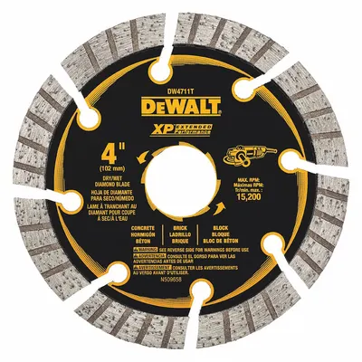 DEWALT Diamond Saw Blade: Masonry, 4 in Blade Dia., 4 in Arbor Size, Wet/Dry, Best - Concrete & Asphalt-Cutting Blades