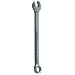 This metric 12-point combination wrench has a 12 mm head size and an overall length of 6 7/8 inches. It features a chrome finish and an offset design for improved access in confined spaces. The 12-point box end provides a secure grip on hex fasteners, while the open end allows for quick positioning. Suitable for tightening or loosening metric fasteners in automotive repair, machinery maintenance, and industrial assembly.