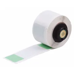 Green matte vinyl wraparound label for wire diameters from 0.26 in to 0.56 in. Measures 2 1/2 in x 1 in. Compatible with BMP71 printer series and requires M71-R4300 ribbon. Used for permanent identification of cables, wires, and small-diameter conduits.
