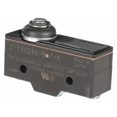 Plunger snap-action switch from the OMRON Z Series with 1NO/1NC contact configuration. Rated for 15 A at 250 V AC, with screw-type electrical connection. Used for position sensing and limit control in industrial automation, packaging machinery, and conveyor systems.
