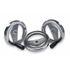 Spoked hand wheel made of aluminum with a zinc-plated finish. Diameter 250 mm, bore 7/8 in. Used for manual control of valves, machine tools, and positioning systems.