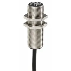Inductive cylindrical proximity sensor with non-terminated cable, unshielded, NPN output. Operates on 12-24V DC supply. Used for non-contact detection of metal objects in industrial automation, such as manufacturing, packaging, and material handling systems.
