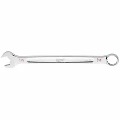 Steel construction with a chrome finish. SAE 12-point combination wrench with a 1-1/2 in head size and 20-1/8 in overall length. Used for tightening or loosening SAE 12-point fasteners in industrial maintenance, assembly, and repair applications.