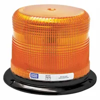 Round amber LED beacon with 11 flash patterns and SAE Class 1 rating. Operates on 12-24V DC, 4 7/8 in overall height. Includes mounting hardware, bolt mount, blunt cut wires. Used for warning and visibility on service trucks, construction equipment, and emergency vehicles